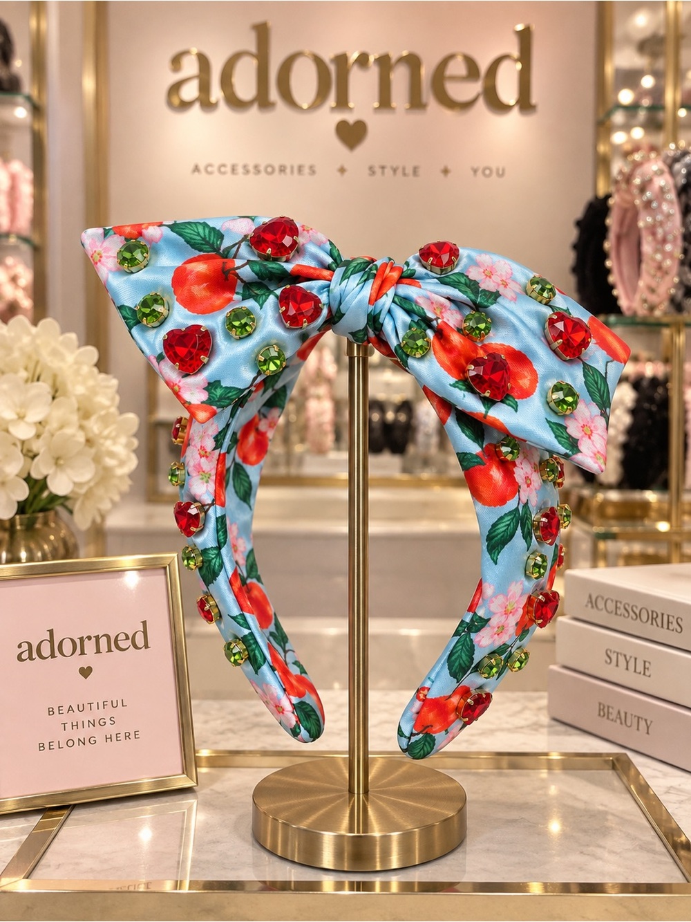 Adorned Blue Apple Floral Jeweled Side Knot Headband